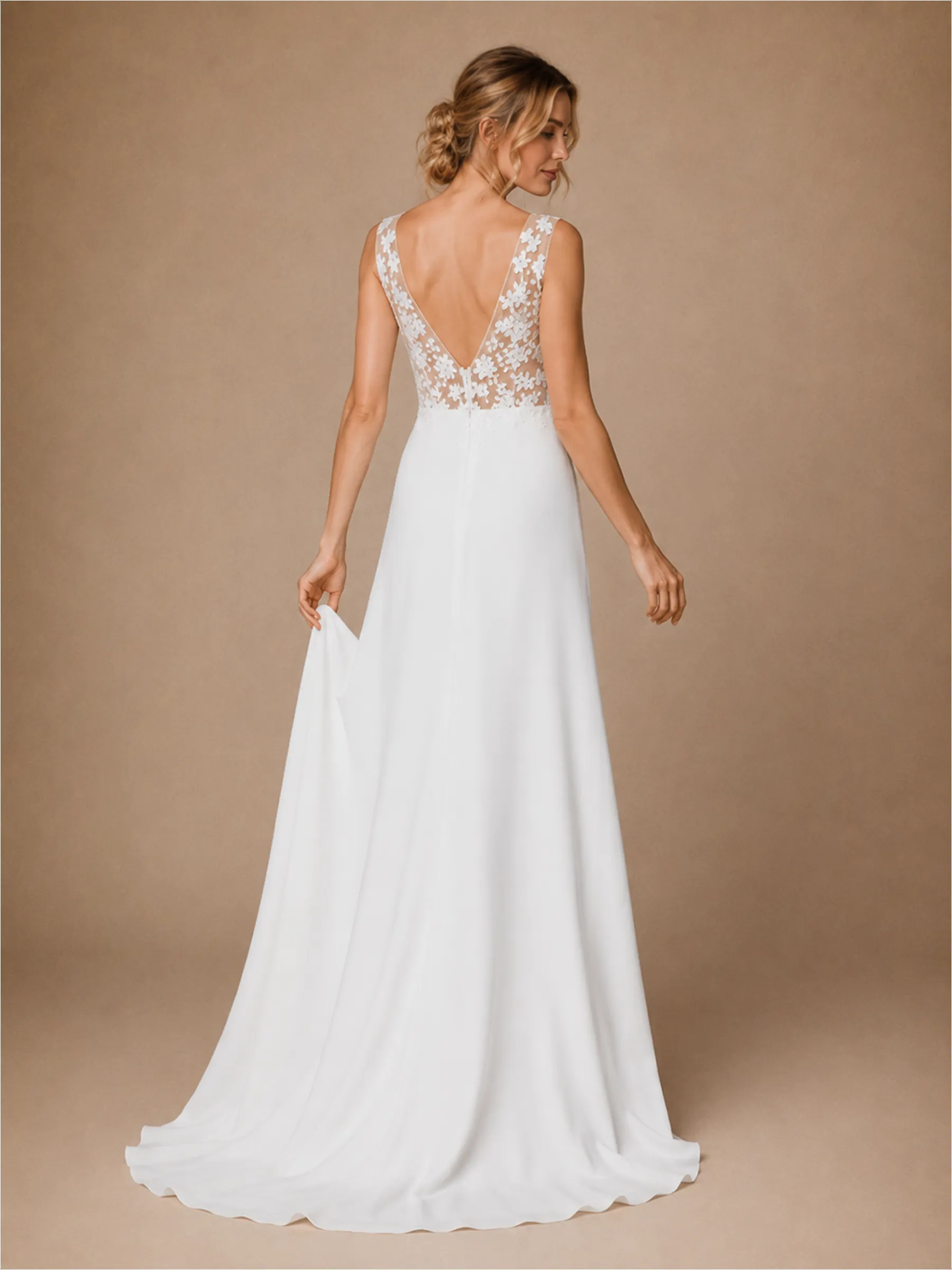 ChicSew Spaghetti Straps V-Neck Sleeveless A-Line Lace Crepe Long Wedding Dress sold by ChicSew product image thumbnail 3