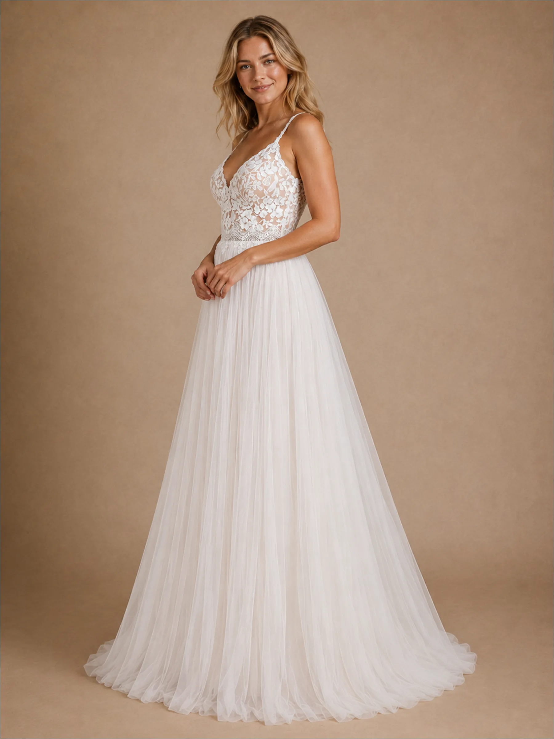 ChicSew Elegant Fancy A-Line Spaghetti Straps Lace Applique Tulle Sleeveless Maxi Long Wedding Dress sold by ChicSew product image thumbnail 4