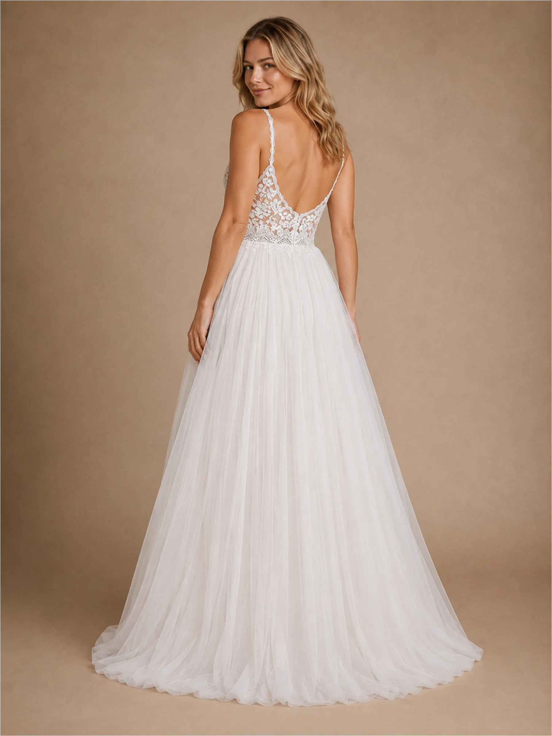ChicSew Elegant Fancy A-Line Spaghetti Straps Lace Applique Tulle Sleeveless Maxi Long Wedding Dress sold by ChicSew product image thumbnail 3