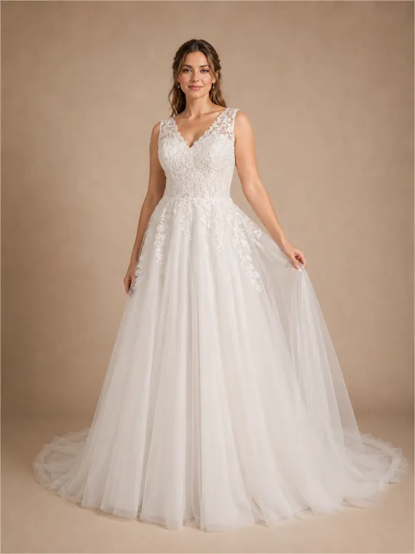 ChicSew Elegant Fancy A-Line V-Neck Lace Appliques Tulle Sleeveless Long Wedding Dress made by ChicSew