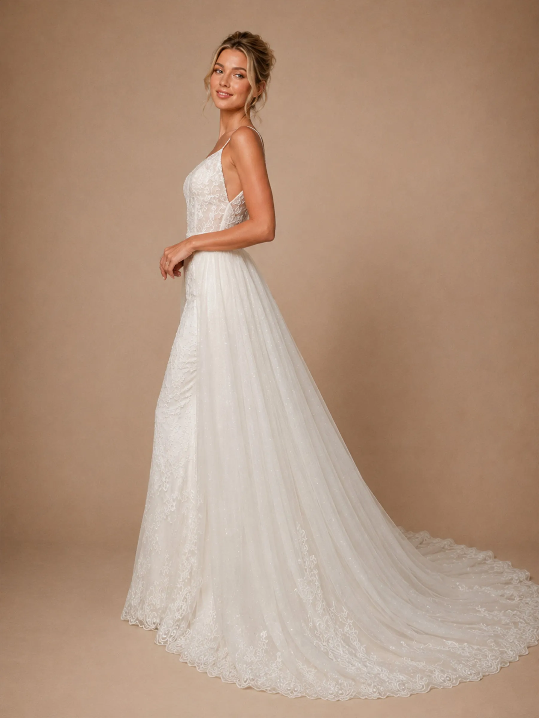 ChicSew Unique Spaghetti Straps Lace Glitter Tulle Mermaid Long Wedding Dress With Overskirt sold by ChicSew product image thumbnail 3