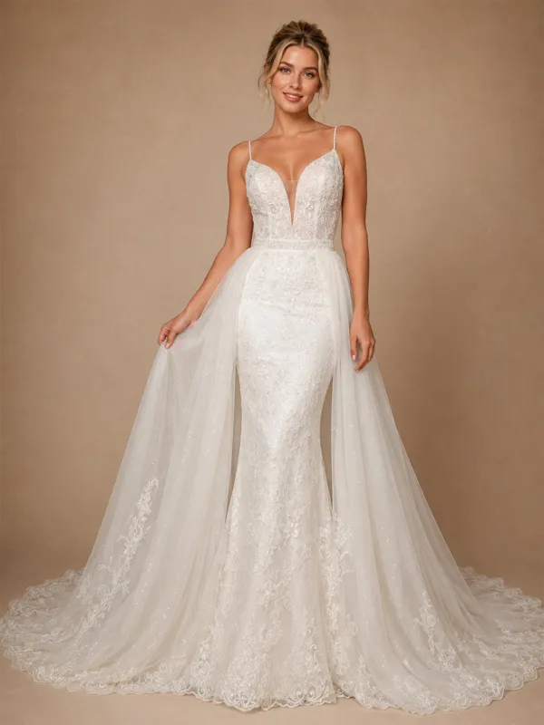 ChicSew Unique Spaghetti Straps Lace Glitter Tulle Mermaid Long Wedding Dress With Overskirt made by ChicSew