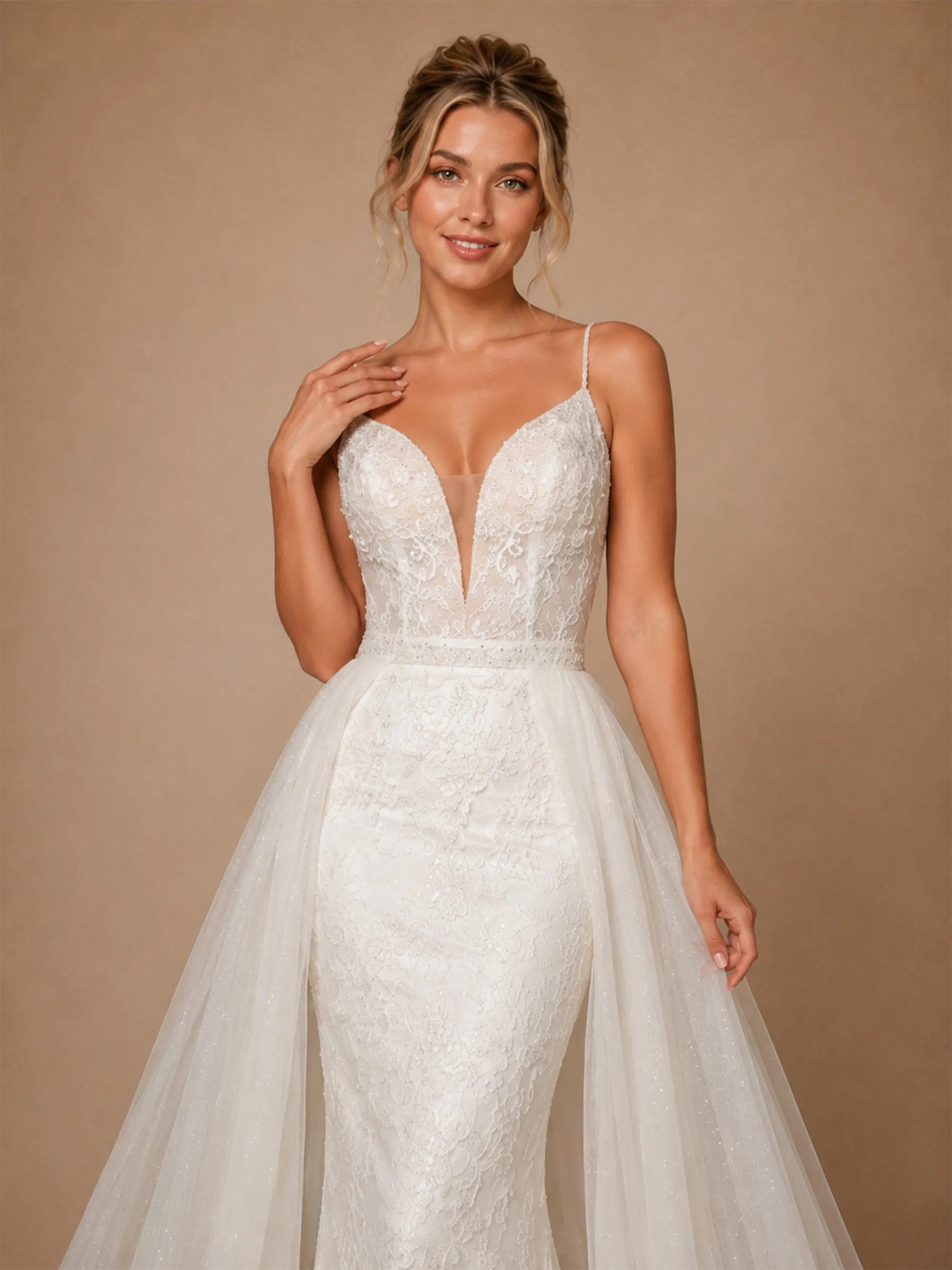 ChicSew Unique Spaghetti Straps Lace Glitter Tulle Mermaid Long Wedding Dress With Overskirt sold by ChicSew product image thumbnail 2