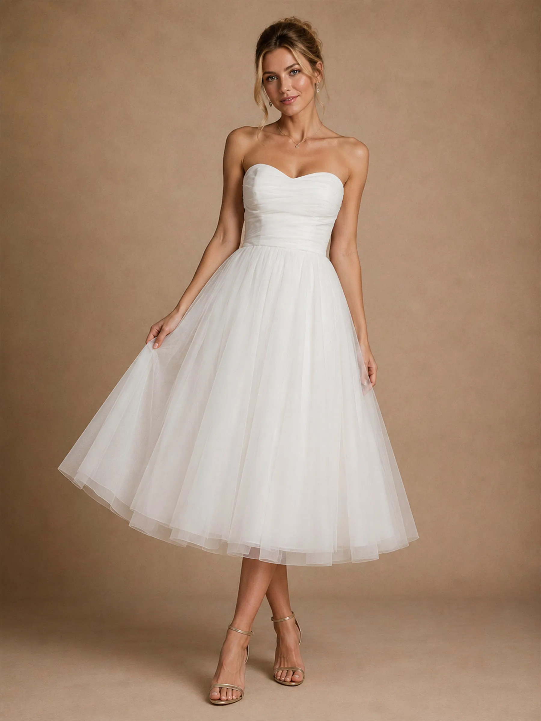 ChicSew Fancy Sweetheart Sleeveless A-Line Tulle Tea-Length Wedding Dress sold by ChicSew