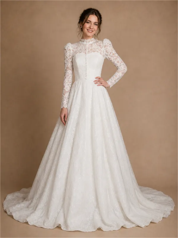 ChicSew Romantic High Neck Long Sleeves A-Line Lace Tulle Maxi Wedding Dress With Button made by ChicSew
