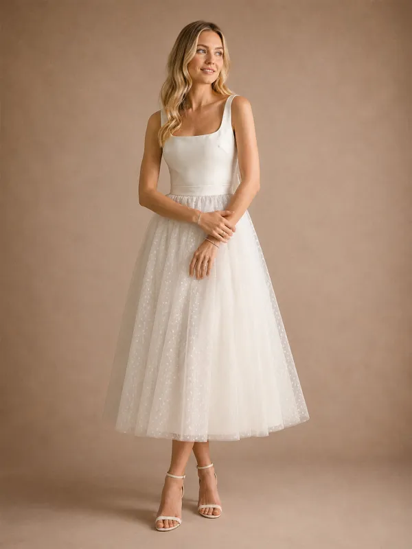 ChicSew Fancy Square Spaghetti Straps A-Line Crepe Tulle Tea-Length Wedding Dress made by ChicSew