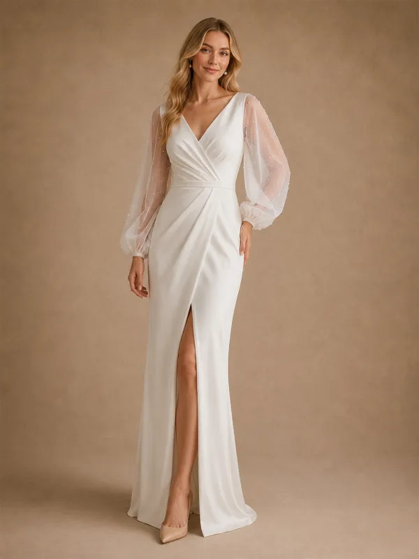 ChicSew Fancy Crepe Mermaid Long Sleeves With Beading Slit Long Wedding Dresses made by ChicSew