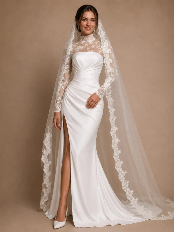 ChicSew Unique High Neck Long Sleeves Satin Lace Mermaid Side Slit Long Wedding Dress made by ChicSew