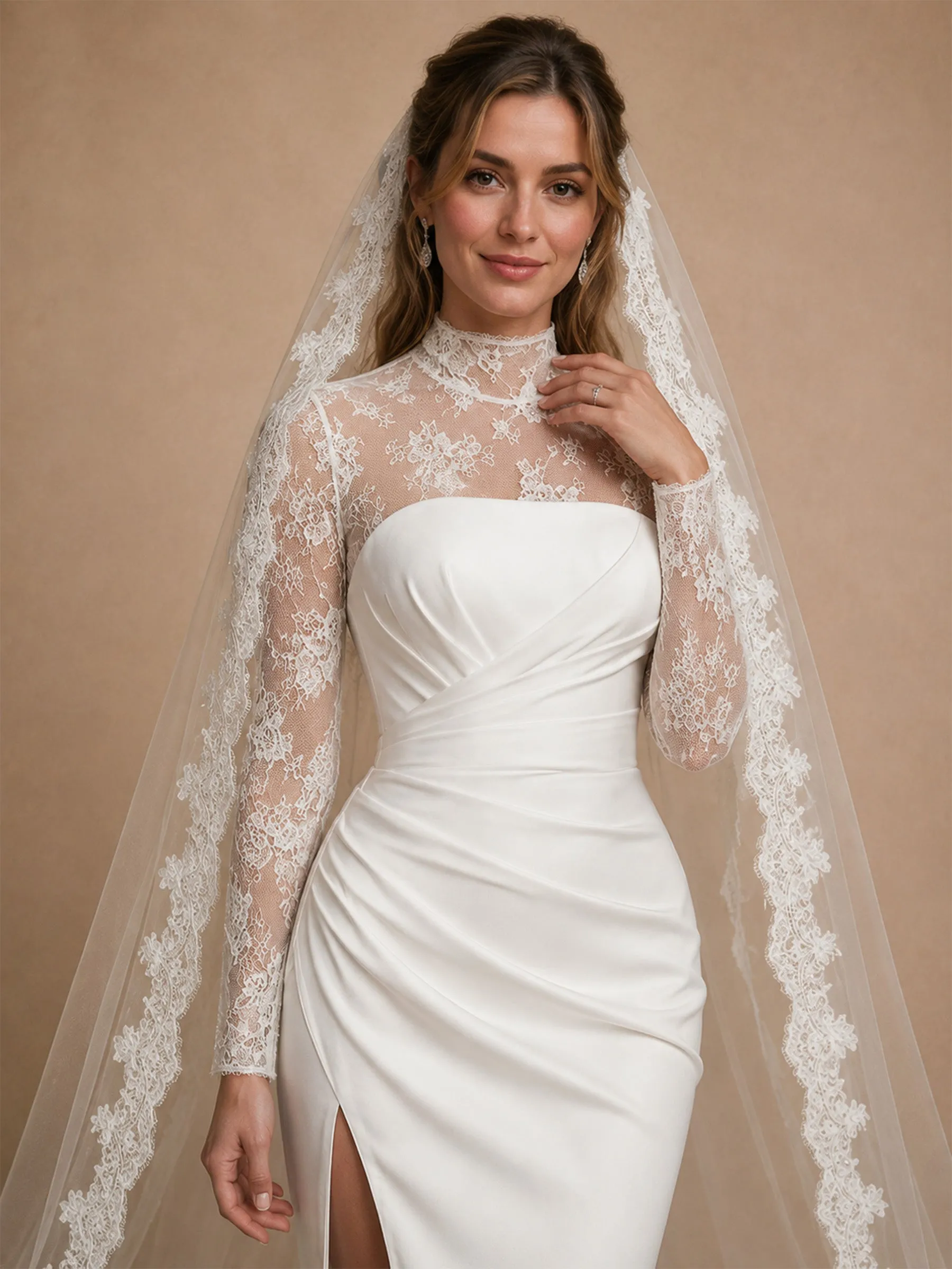 ChicSew Unique High Neck Long Sleeves Satin Lace Mermaid Side Slit Long Wedding Dress sold by ChicSew product image thumbnail 2