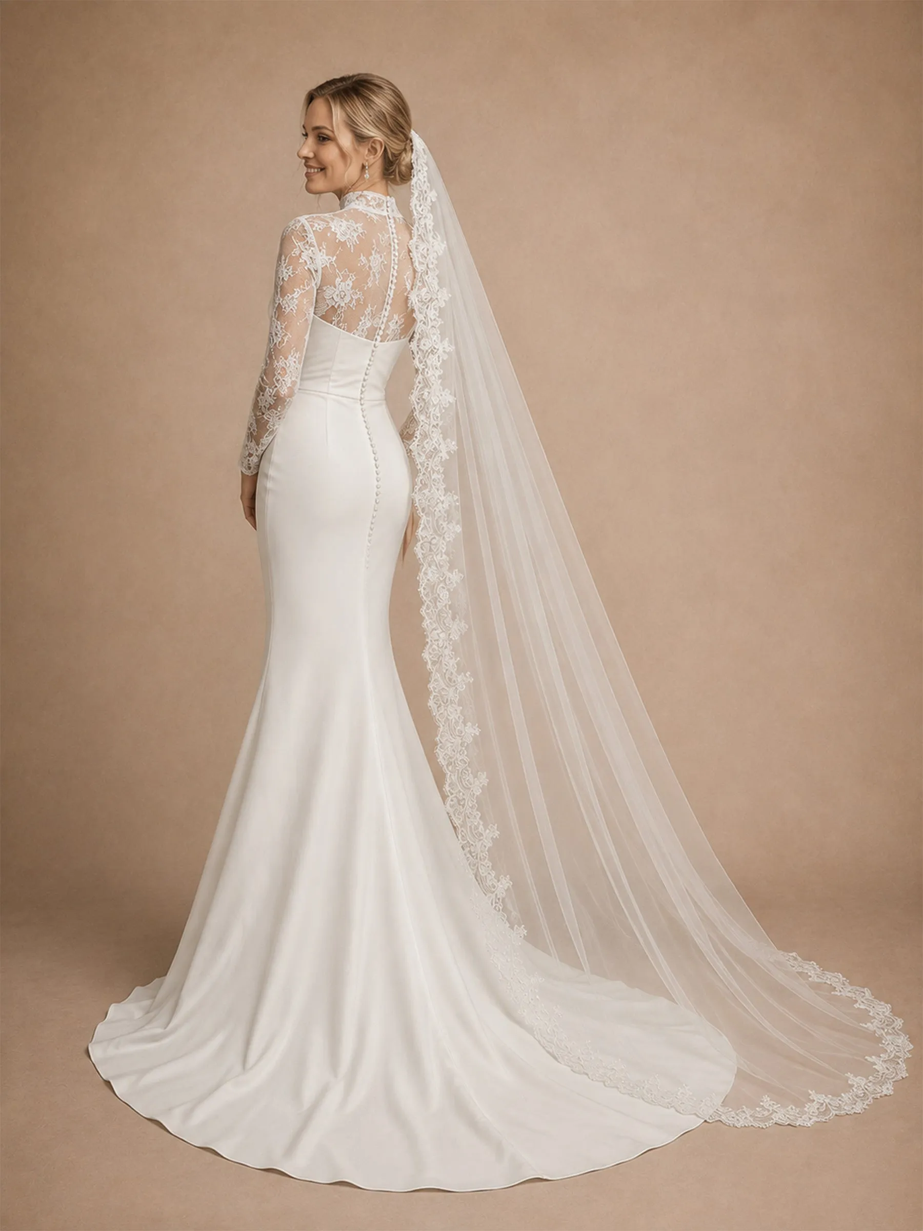 ChicSew Unique High Neck Long Sleeves Satin Lace Mermaid Side Slit Long Wedding Dress sold by ChicSew product image thumbnail 3