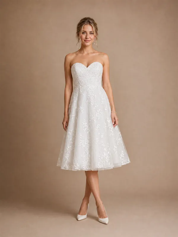 ChicSew Fancy Sweetheart Lace Appliques A-Line Tea-Length Wedding Dresses made by ChicSew