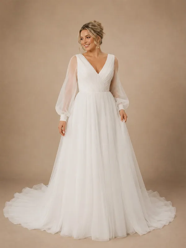 ChicSew Elegant V-Neck Long Sleeves A-Line Tulle Floor-Length Wedding Dresses made by ChicSew
