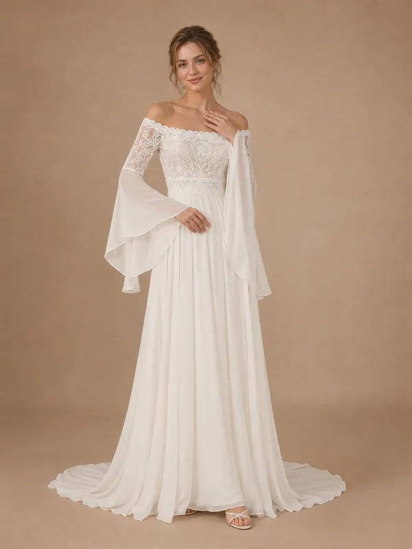 ChicSew Elegant Strapless Lace Chiffon 3/4 Sleeves A-Line Floor-Length Wedding Dresses made by ChicSew