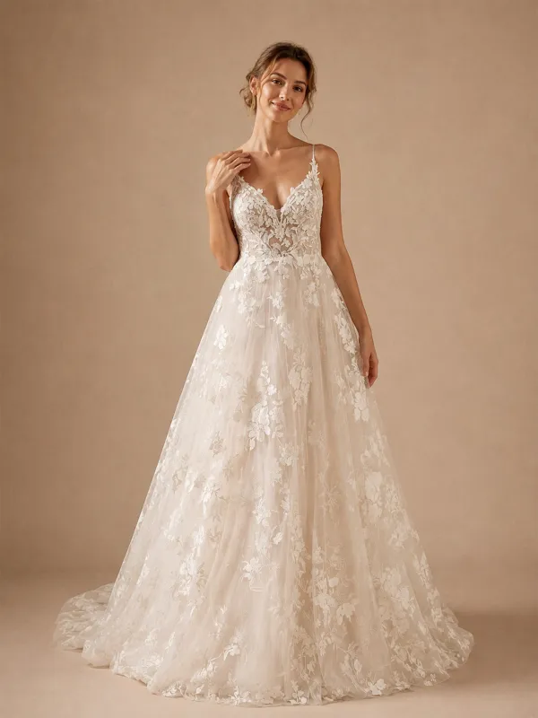 ChicSew Beautiful Spaghetti Straps V-Neck A-Line Lace Appliques Tulle Long Wedding Dress made by ChicSew