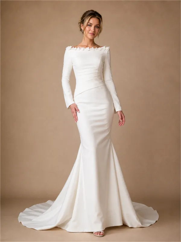 ChicSew Elegant Unique Crepe Mermaid Long Sleeves Ruched Maxi Long Wedding Dresses made by ChicSew