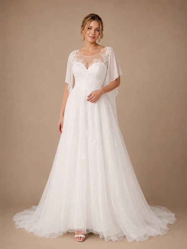 ChicSew Elegant Illusion Half Sleeves Tulle A-Line Floor-Length Wedding Dresses With Lace Appliques made by ChicSew