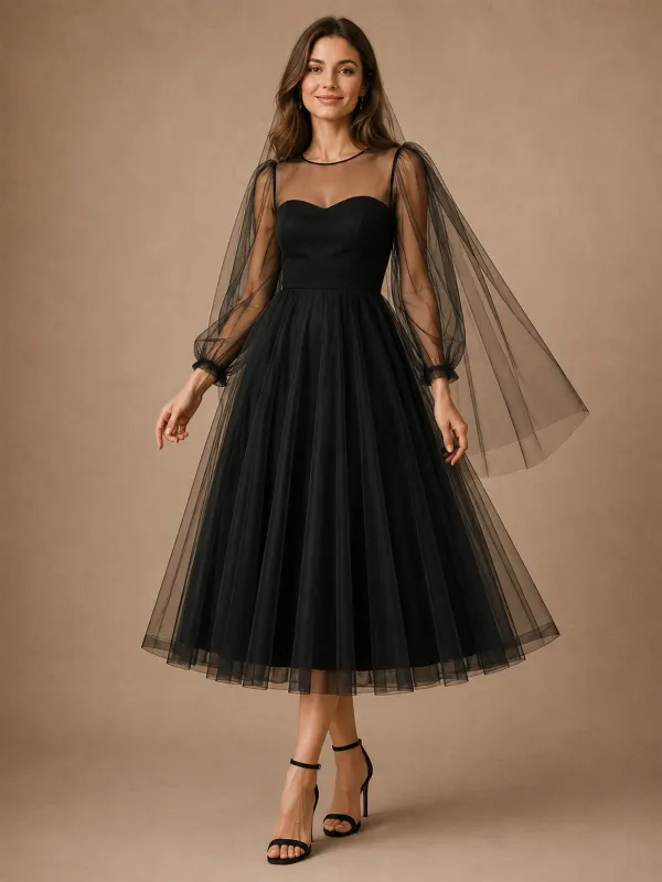 ChicSew Simple Illusion Long Sleeves Tulle A-Line Tea-Length Wedding Dresses made by ChicSew