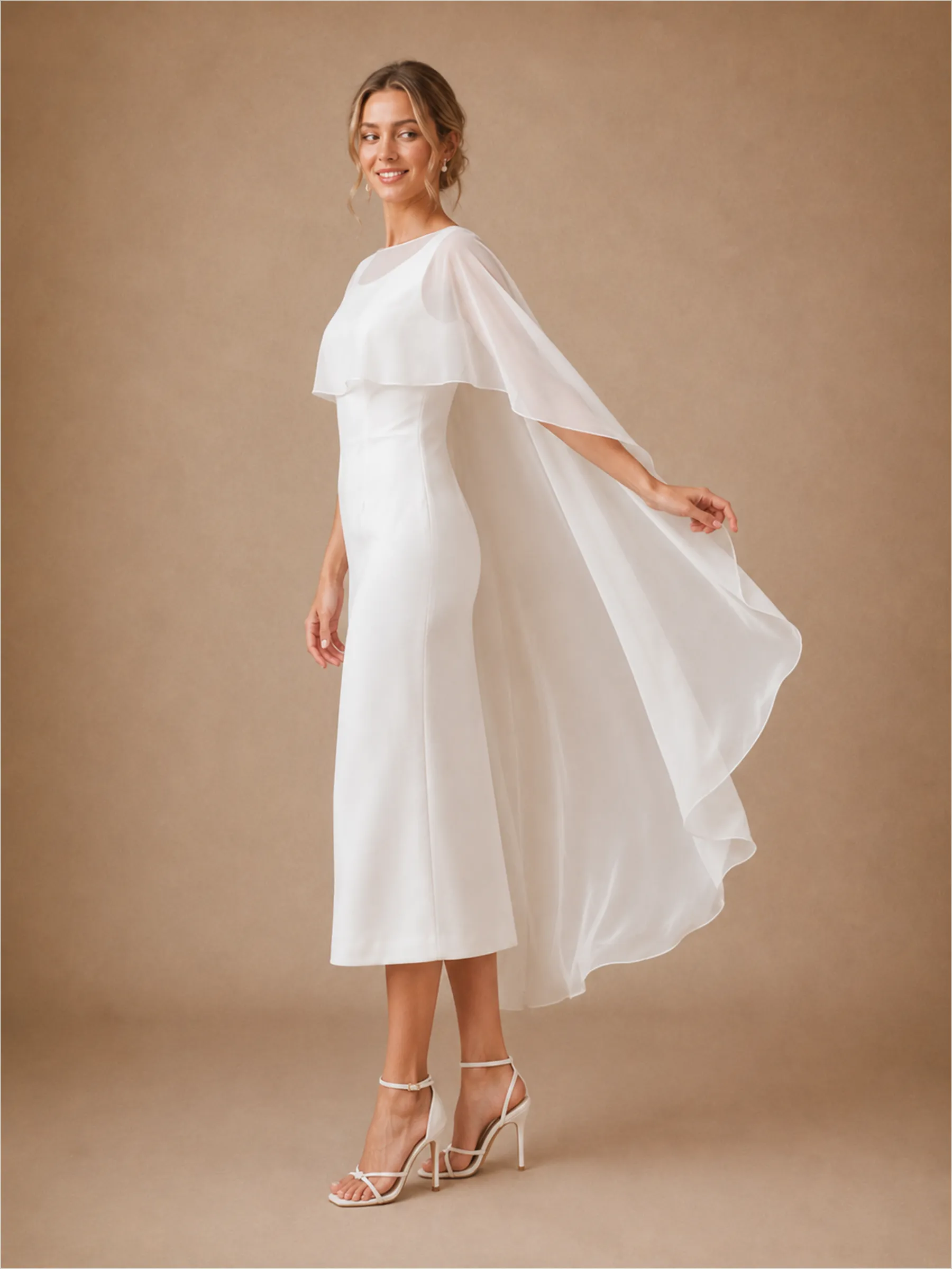 ChicSew Classy Modern Bateau Neck Sleeveless Sheath Crepe Midi Wedding Dress With Tulle Cape sold by ChicSew product image thumbnail 3