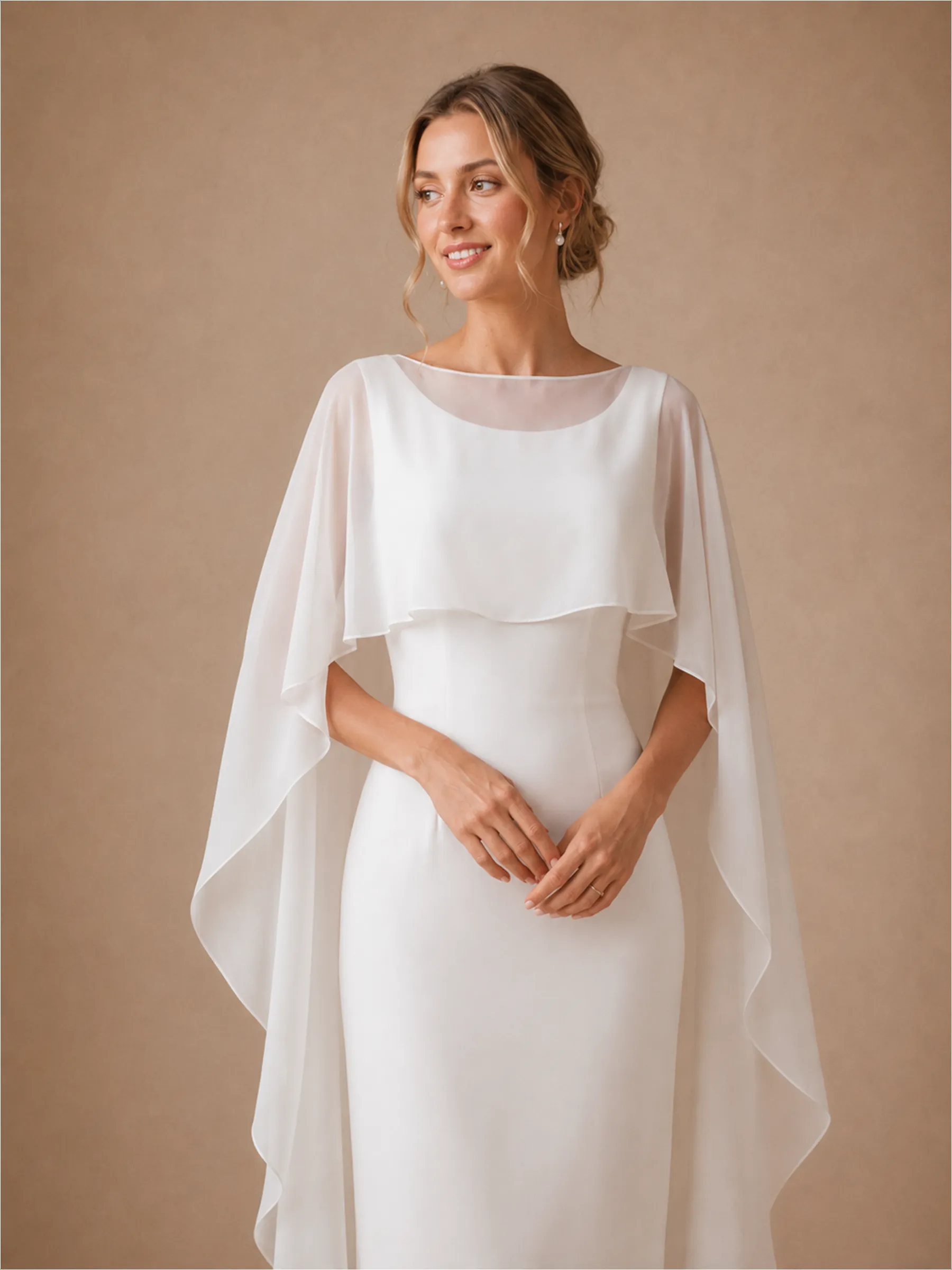ChicSew Classy Modern Bateau Neck Sleeveless Sheath Crepe Midi Wedding Dress With Tulle Cape sold by ChicSew product image thumbnail 2