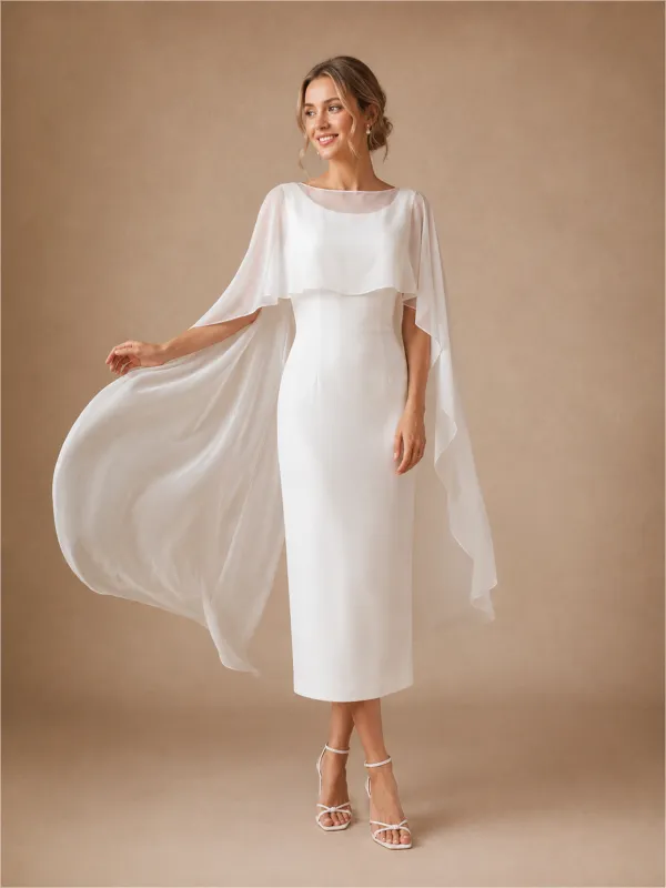 ChicSew Classy Modern Bateau Neck Sleeveless Sheath Crepe Midi Wedding Dress With Tulle Cape made by ChicSew