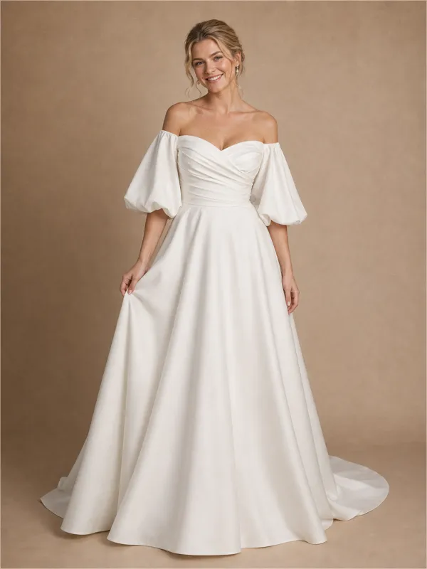 ChicSew Classy Modern Sweetheart Puff Sleeves Ruched A-Line Crepe Maxi Wedding Dresses made by ChicSew