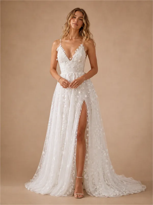 ChicSew Sexy Unique Spaghetti Straps V-Neck A-Line Lace Tulle Side Slit Maxi Wedding Dress made by ChicSew