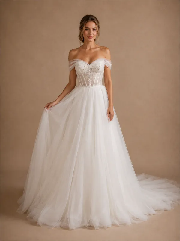 ChicSew Romantic Boning Off The Shoulder Lace Tulle A-Line Long Wedding Dresses made by ChicSew
