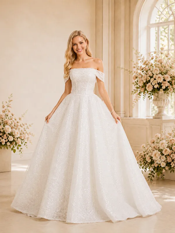 ChicSew Unique Elegant Off The Shoulder Glitter Tulle A-Line Maxi Long Wedding Dress made by ChicSew