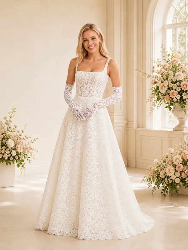 ChicSew Unique Elegant Square Neck A-Line Lace Tulle Maxi Wedding Dresses made by ChicSew