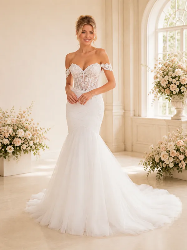 ChicSew Elegant Off The Shoulder Mermaid Lace Applique Boning Long Wedding Dress With Button made by ChicSew