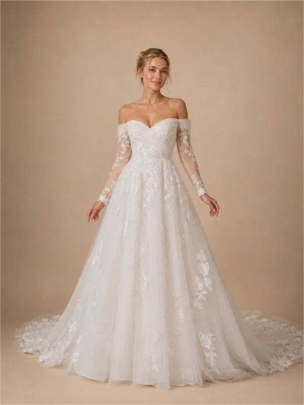 ChicSew Unique Fancy Sweetheart Lace Tulle Long Sleeves Maxi A-Line Wedding Dress made by ChicSew
