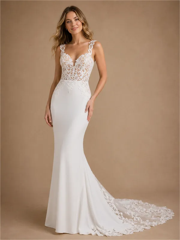 ChicSew Sexy Spaghetti Straps Sleeveless Mermaid Lace Crepe Long Wedding Dress made by ChicSew