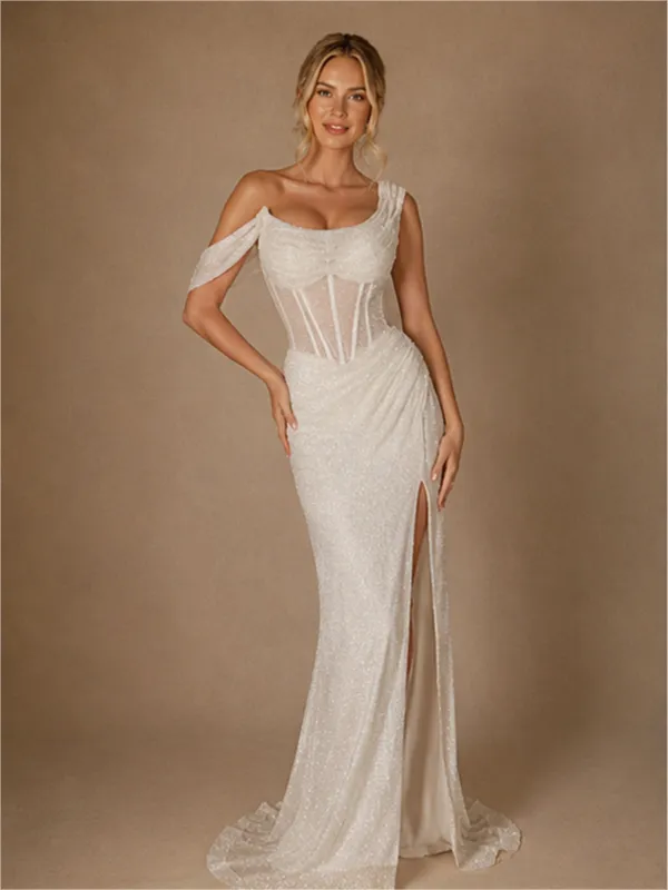 ChicSew Unique Asymmetric Sleeveless Boning Mermaid Glitter Tulle Maxi Wedding Dress made by ChicSew