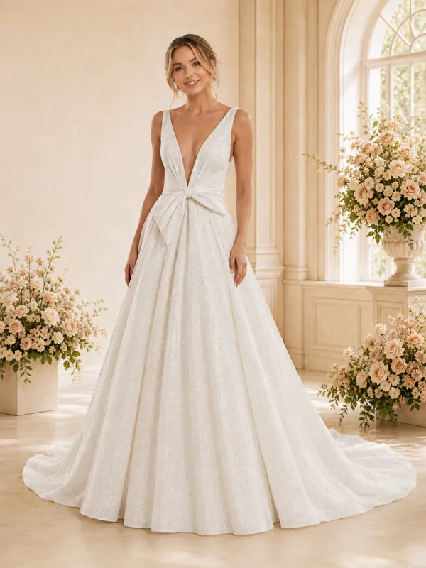 ChicSew Unique Glitter Tulle V-Neck A-Line Open Back Maxi Long Wedding Dress made by ChicSew
