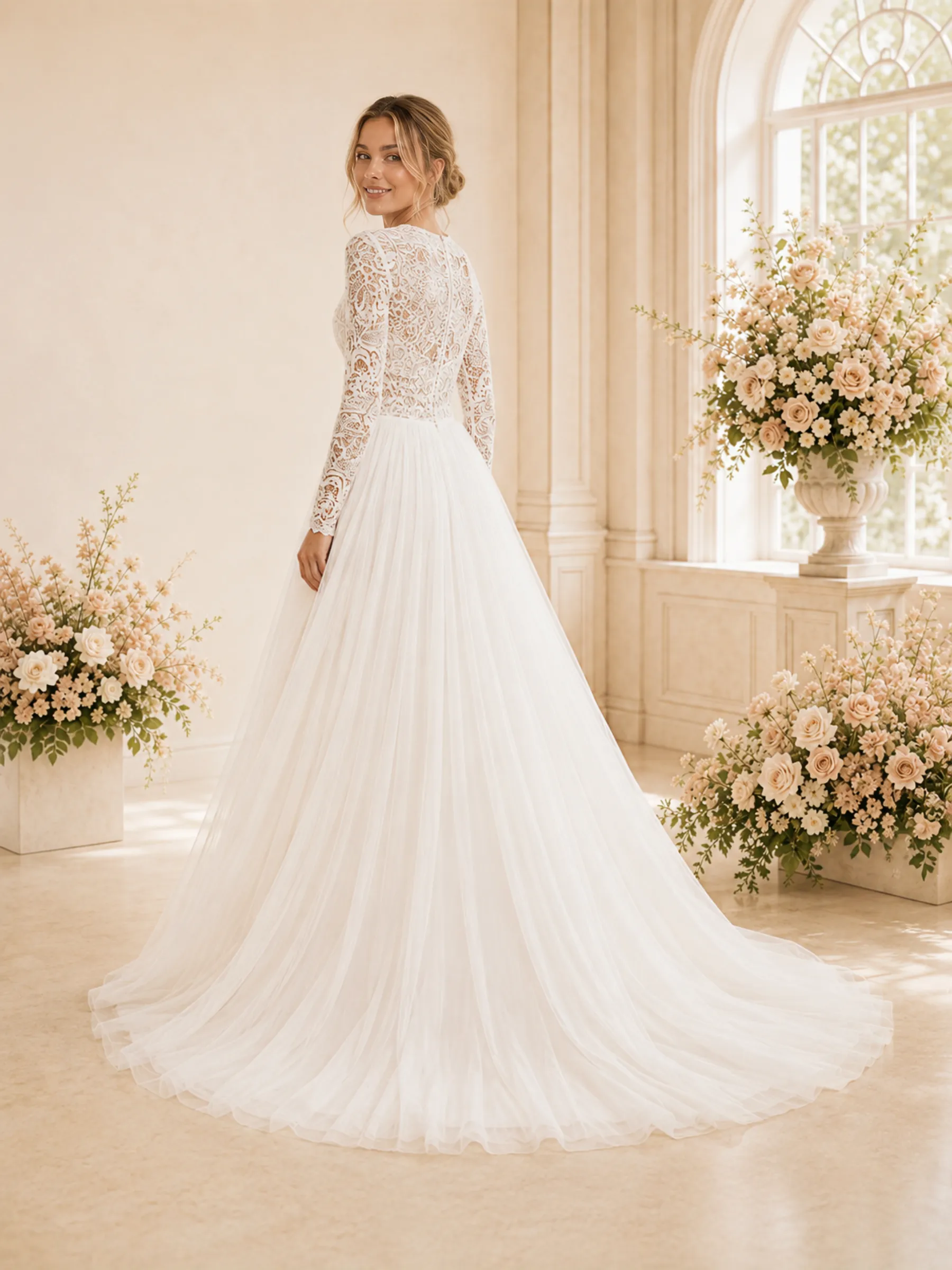 ChicSew Elegant Lace Applique Chiffon Pleated Long Sleeves A-Line Floor-Length Wedding Dress sold by ChicSew product image thumbnail 4