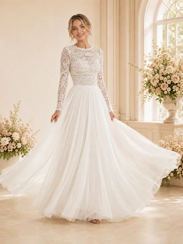 ChicSew Elegant Lace Applique Chiffon Pleated Long Sleeves A-Line Floor-Length Wedding Dress made by ChicSew