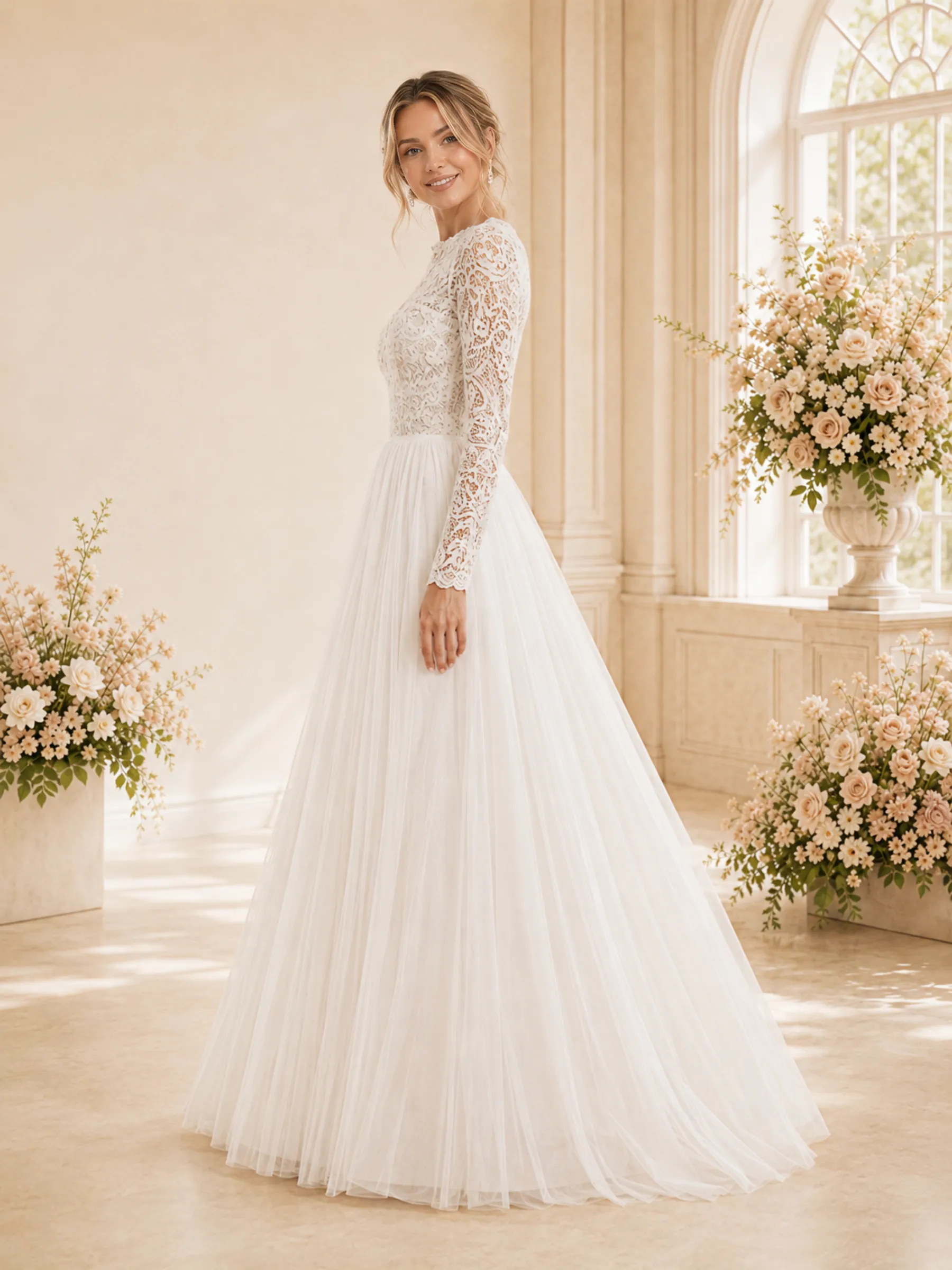 ChicSew Elegant Lace Applique Chiffon Pleated Long Sleeves A-Line Floor-Length Wedding Dress sold by ChicSew product image thumbnail 3