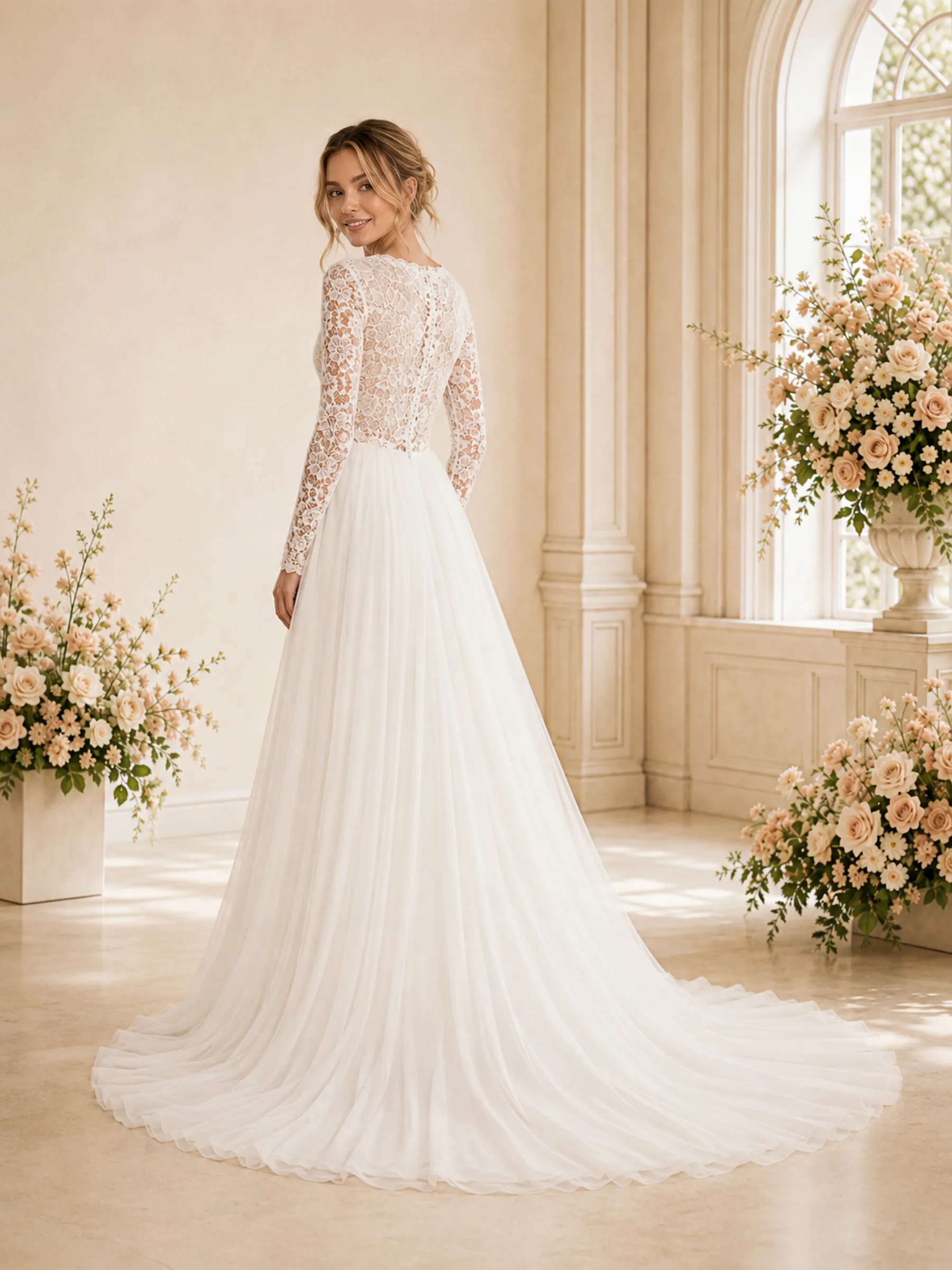 ChicSew Elegant A-Line Lace Applique Jewel Chiffon Long Sleeves Floor-Length Wedding Dress sold by ChicSew product image thumbnail 4