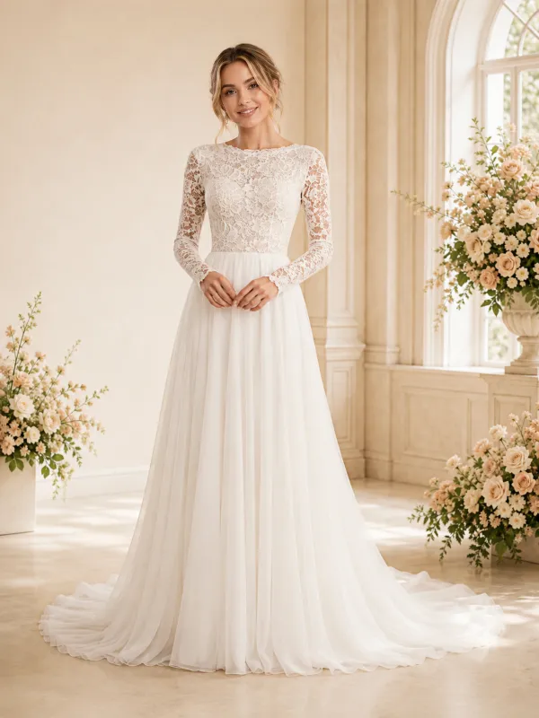 ChicSew Elegant A-Line Lace Applique Jewel Chiffon Long Sleeves Floor-Length Wedding Dress made by ChicSew