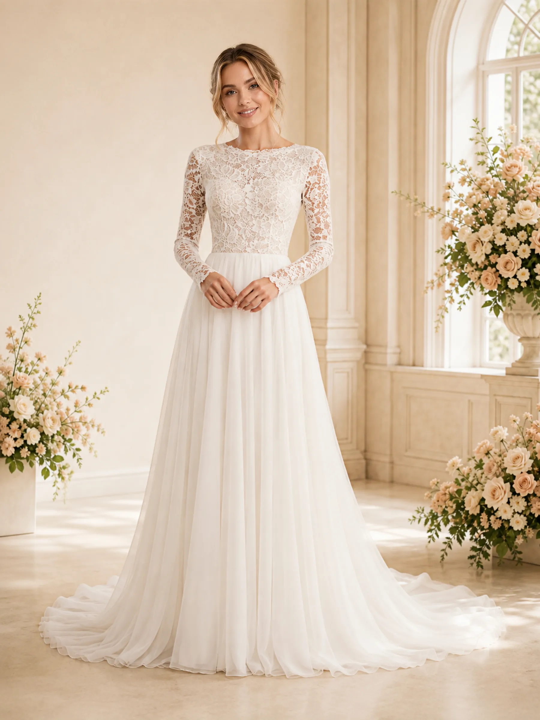 ChicSew Elegant A-Line Lace Applique Jewel Chiffon Long Sleeves Floor-Length Wedding Dress sold by ChicSew