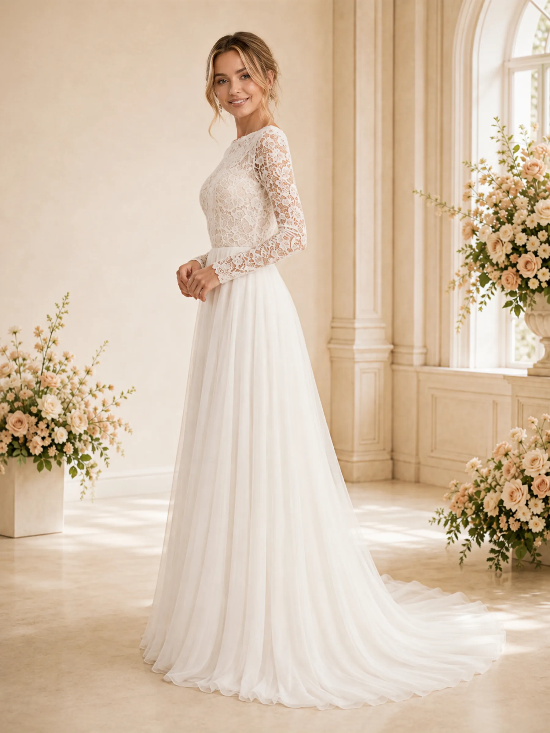 ChicSew Elegant A-Line Lace Applique Jewel Chiffon Long Sleeves Floor-Length Wedding Dress sold by ChicSew product image thumbnail 3