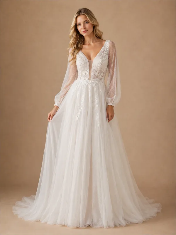 ChicSew Fancy V-Neck Tulle Long Sleeves Lace Maxi A-Line Wedding Dresses made by ChicSew
