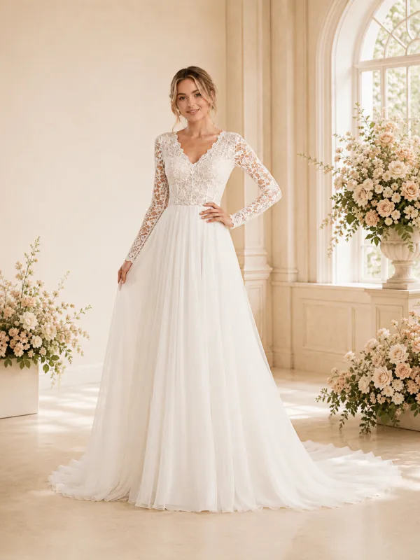 ChicSew Elegant A-Line Lace Applique Chiffon V-Neck Long Sleeves Floor-Length Wedding Dress made by ChicSew