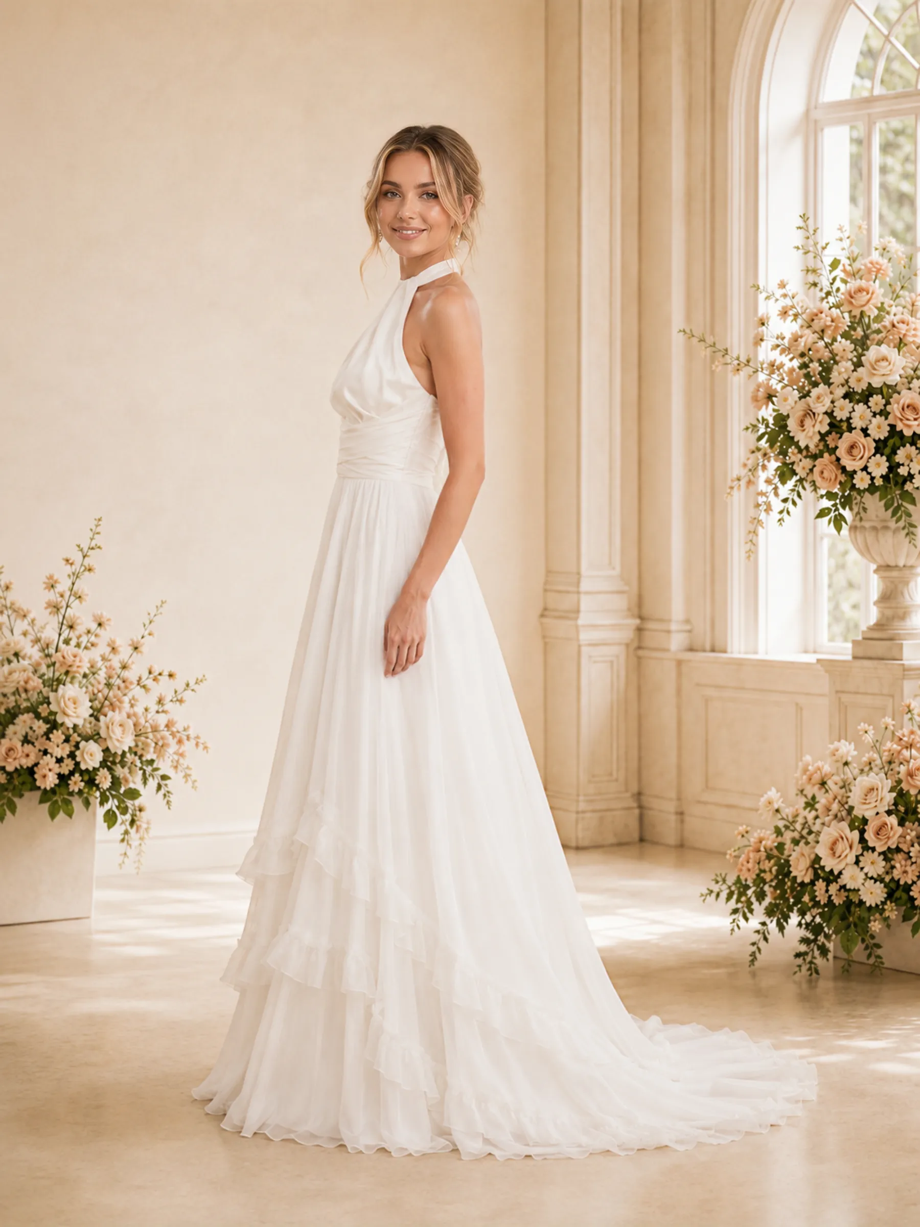 ChicSew Elegant Satin A-Line Halter Pleated Chiffon Maxi Long Wedding Dress sold by ChicSew product image thumbnail 3