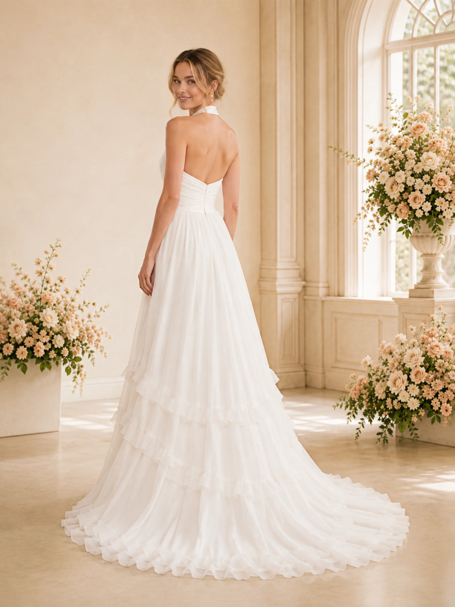 ChicSew Elegant Satin A-Line Halter Pleated Chiffon Maxi Long Wedding Dress sold by ChicSew product image thumbnail 4
