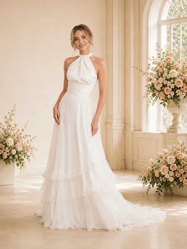 ChicSew Elegant Satin A-Line Halter Pleated Chiffon Maxi Long Wedding Dress made by ChicSew