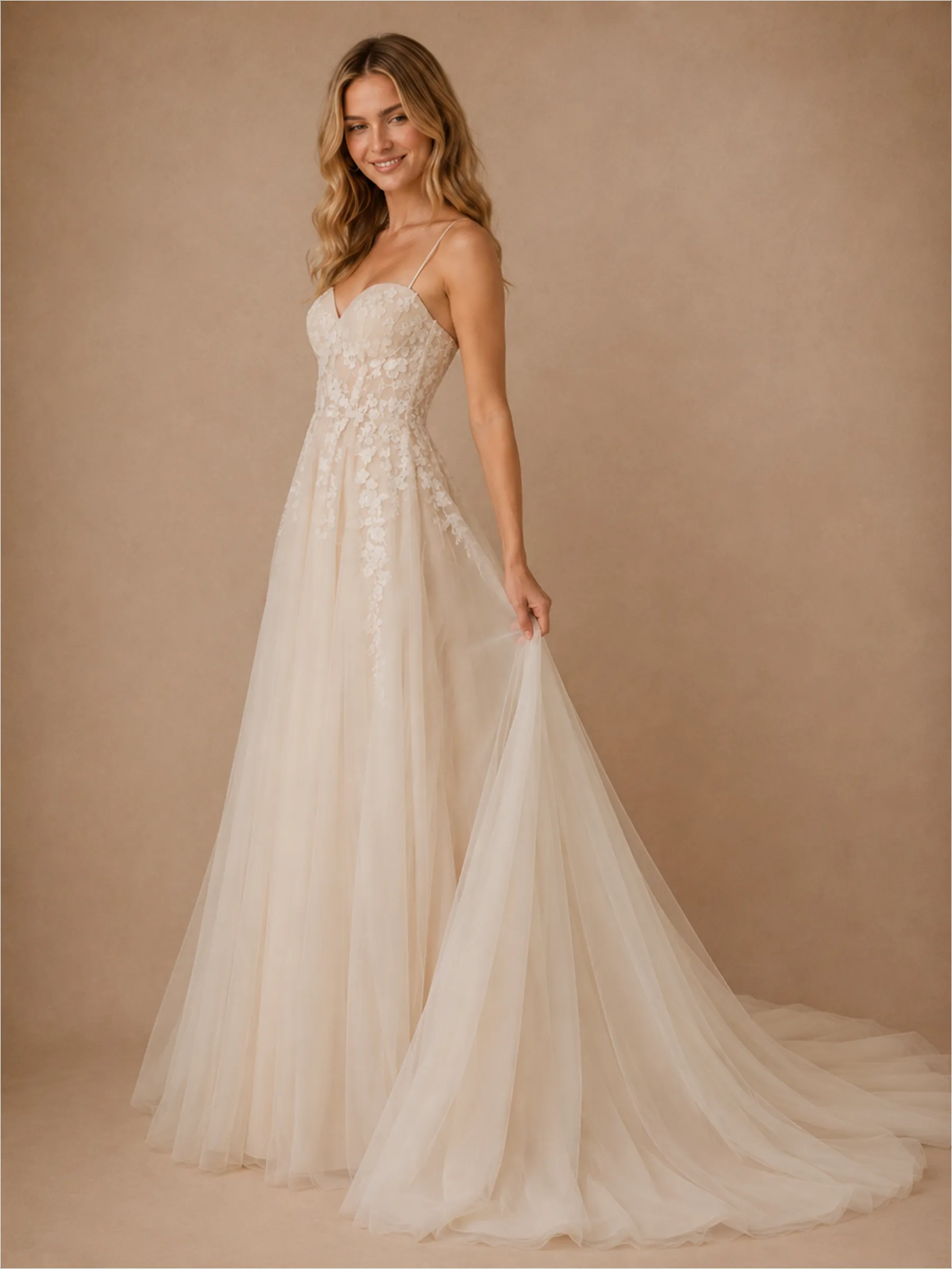 ChicSew Fancy V-Neck Spaghetti Straps Lace Tulle Long A-Line Wedding Dress sold by ChicSew product image thumbnail 3