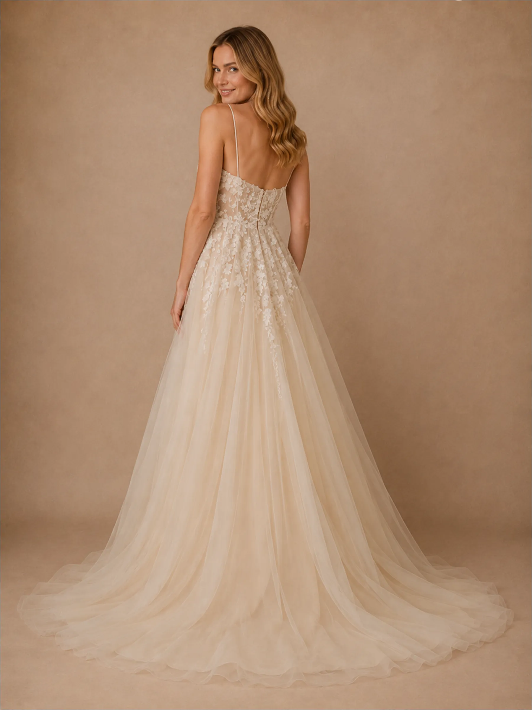 ChicSew Fancy V-Neck Spaghetti Straps Lace Tulle Long A-Line Wedding Dress sold by ChicSew product image thumbnail 4