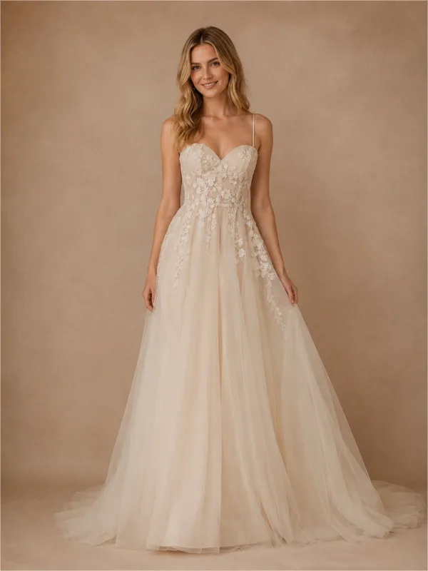 ChicSew Fancy V-Neck Spaghetti Straps Lace Tulle Long A-Line Wedding Dress made by ChicSew