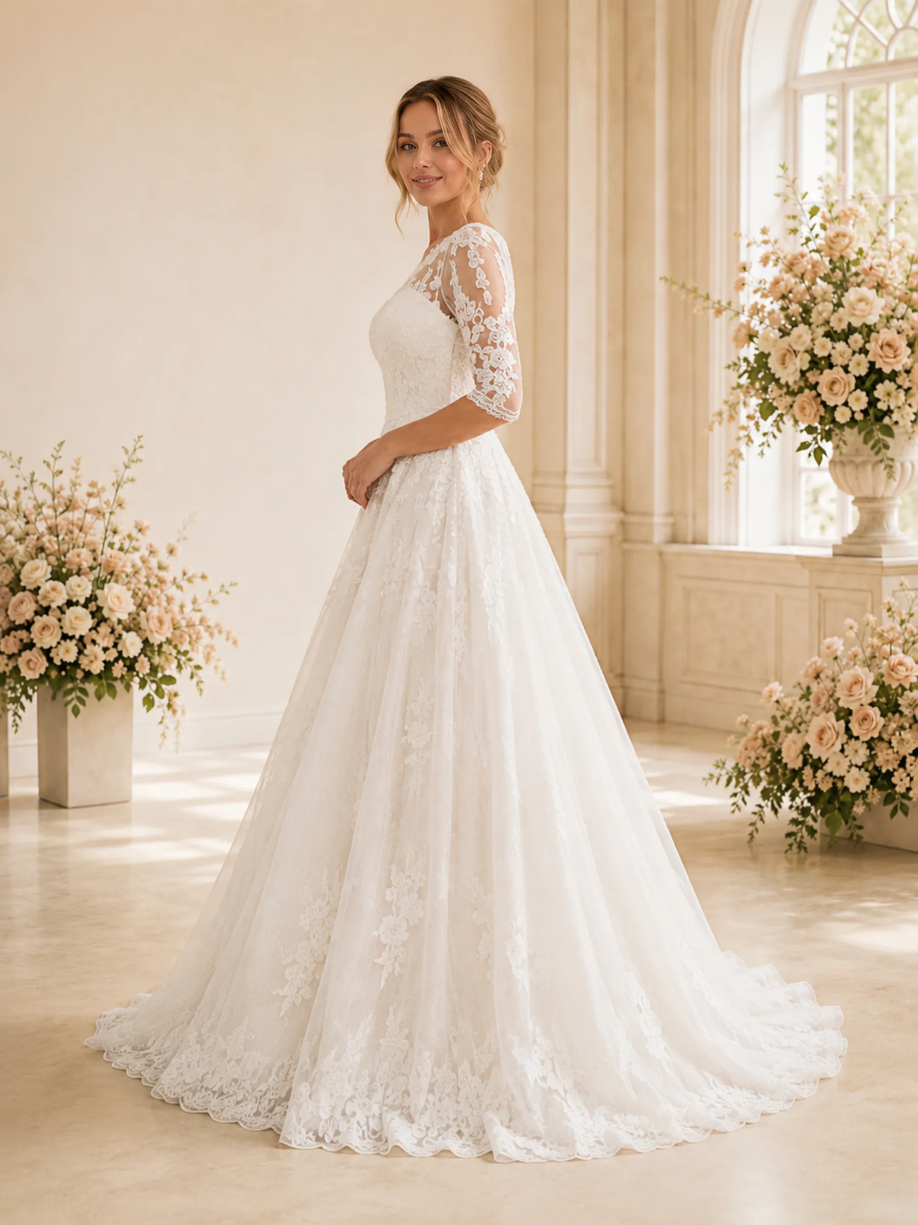 ChicSew Elegant Jewel Half Sleeves Lace Tulle Maxi Long A-Line Wedding Dress sold by ChicSew product image thumbnail 3